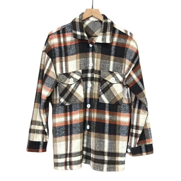Casual Shacket Brushed Plaid Long Sleeve Flannel Lapel Buttons Pocketed Top - Picture 5 of 11